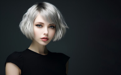 Fototapeta premium woman gracefully blows her short, sleek black bobtail hair against a soft grey background, embodying the essence of hair care and keratin treatment.