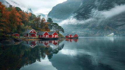 houses reflecting on a calm lake, surrounded by misty mountains