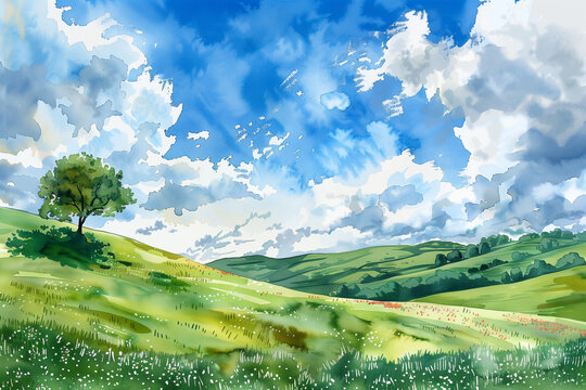 Tranquil Watercolor Landscape with Rolling Hills and Blossoming Trees