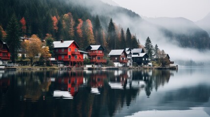 houses reflecting on a calm lake, surrounded by misty mountains - obrazy, fototapety, plakaty