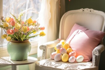 Fototapeta na wymiar Elegant Easter home decor with tulips and eggs on chair