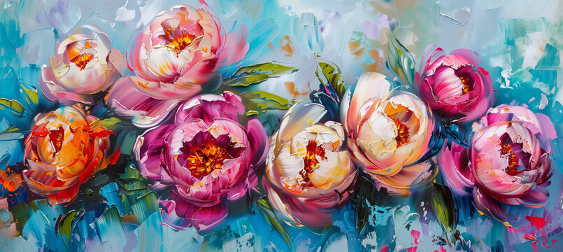 Abstract oil painting of peonies flowers, in the style of impressionism