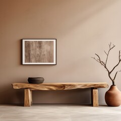 Rustic wood bench against beige stucco wall