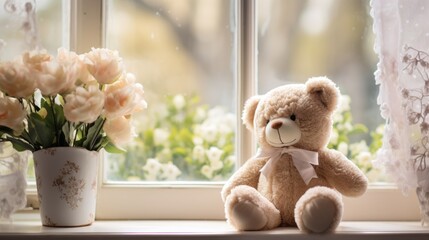 Soft teddy bear beside spring flowers on bright windowsill - obrazy, fototapety, plakaty