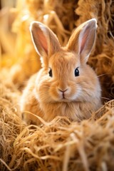 Easter bunny among straw with warm lighting detail