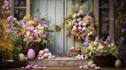 Colorful Easter egg wreath on wooden door with spring blooms