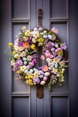 Fototapeta na wymiar Colorful Easter egg wreath on wooden door with spring blooms