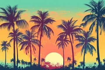 Fototapeta na wymiar Retro illustration of bright color tropical palm trees on the island