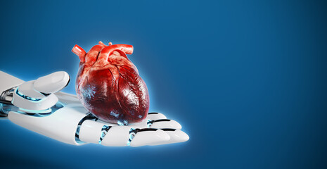 Robot hand holding human heart on blue background with copy space. Ai domination over people. 3D...