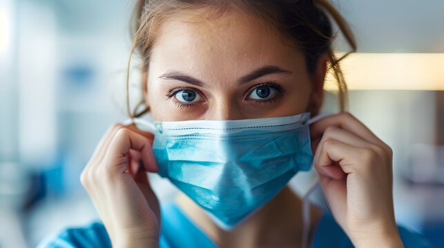 Young woman adjusts her medical face mask, looking cautious yet determined. Health protection concept in daily life. Portrait with a message of safety and vigilance. AI