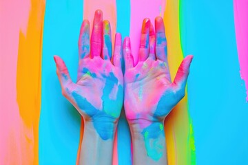 Modern pop art collage with neon colors and gesturing hands.