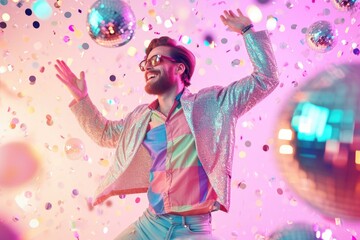 Energetic disco man dancing at retro party