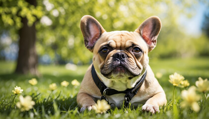 Fototapeta premium Cute dog lying on a green grass field nature in a spring sunny background