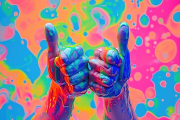 Minimalistic neon art collage with thumbs up hands