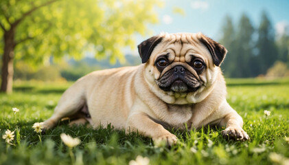 Fototapeta premium Cute dog lying on a green grass field nature in a spring sunny background