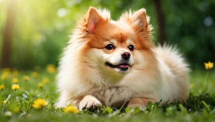 Cute dog lying on a green grass field nature in a spring sunny background