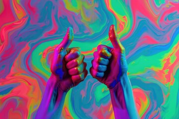 Minimalistic neon art collage with thumbs up hands