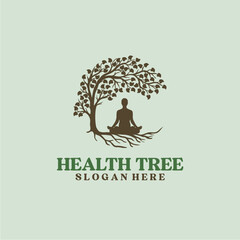 Colourful tree vector illustration with circle and a man meditating under a tree. Human tree logo. 