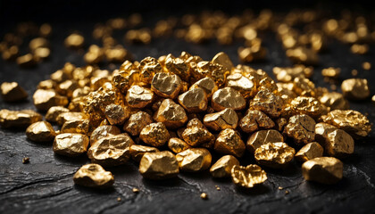 Golden nuggets of varying sizes scattered across a dark, textured surface, luxury and wealth concept


