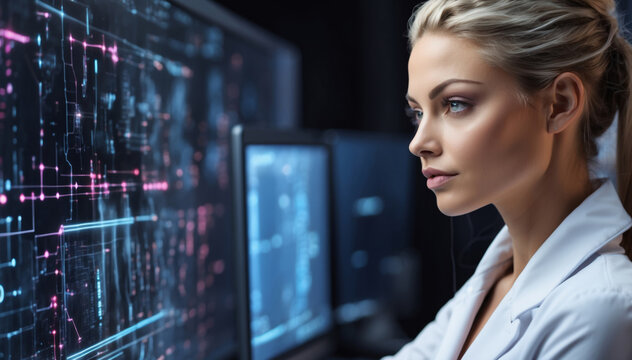 Serious concentrated attractive woman thinking about data analytics, digital technology. Programmer programming cybersecurity research and IT