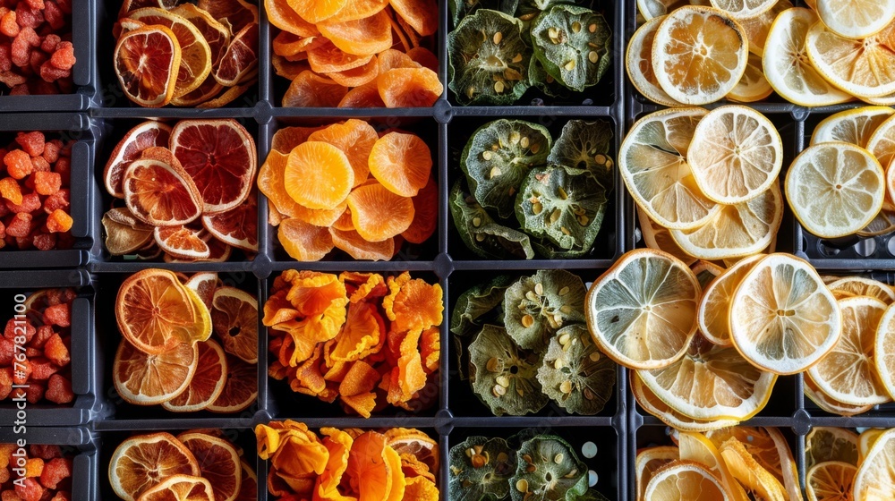 Poster assorted dried citrus fruits arranged in a grid pattern
