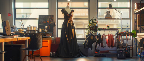Elegant dress on mannequin in a designer studio workspace.