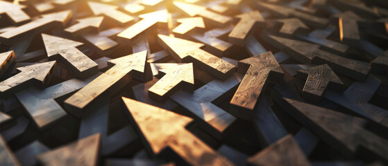 Sunset light casting shadows with a labyrinth of arrows.