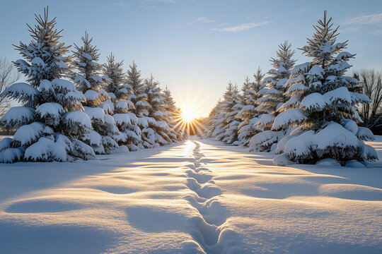 met sneeuw bedekte bomen met konijnensporen er doorheen