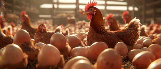 Proud hen poses amidst a sea of eggs, basking in the warm glow of a farm's light.