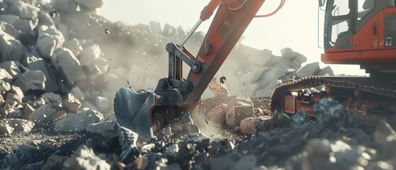 Dynamic excavator in action, breaking rocky ground with power and precision. - obrazy, fototapety, plakaty