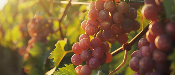 Fototapeta premium Dew-kissed grapes bask in the golden hour amidst verdant vineyard rows.