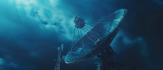Satellite dish under a celestial sky, exploring the cosmos' vast mysteries.