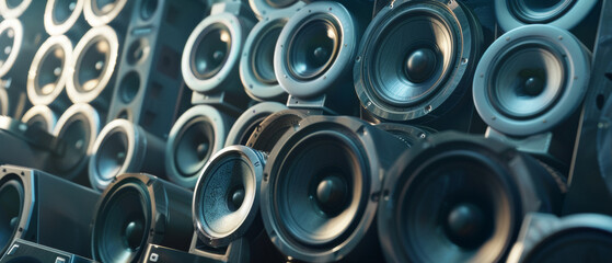A wall of dynamic sound waves radiating from an array of speakers.