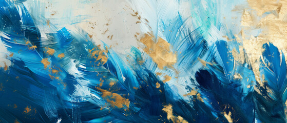 Dynamic strokes of blue and gold paint create a vibrant, textured abstract art. - obrazy, fototapety, plakaty