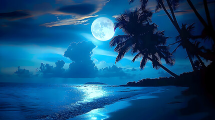A serene and mystical night at a tropical beach where the moon illuminates the sky.