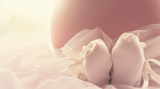 Tiny newborn feet in delicate white booties against a soft pink backdrop, symbolizing new life and beginnings