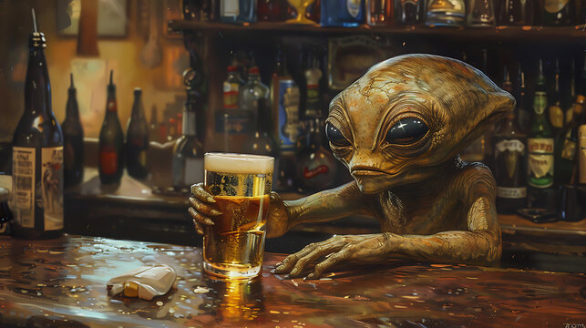 alien with glass of beer