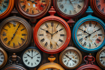 volledige achtergrond met vintage klokken van verschillende grootte die verschillende tijden weergeven op een houten muur. Begrip tijd