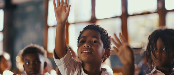 Curious child raising hand in a classroom, eager to learn and participate. - obrazy, fototapety, plakaty
