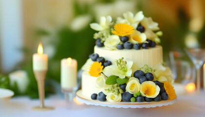 A close-up of a white wedding cake with a floral and blueberry decoration on top