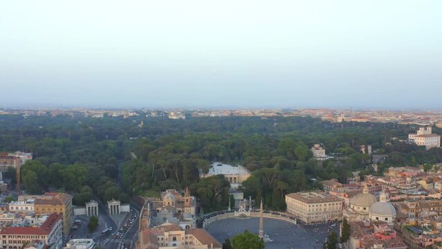 Aerial: Piazza Del Popolo Amidst Buildings And Streets In City - Rome, Italy