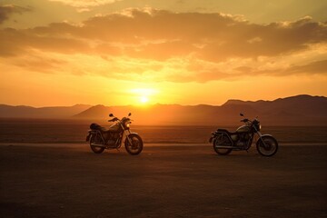 Fototapeta premium motorcycles are silhouetted against a sunset in a vast, tranquil desert,