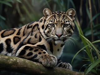A clouded leopard in his habitat. Greenery. Botanical background.