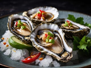 Oysters on a plate, beautifully decorated with intricate details. Bright vibrant food composition. Culinary artistry. 