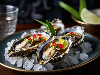 Oysters on a plate, beautifully decorated with intricate details. Bright vibrant food composition. Culinary artistry. 