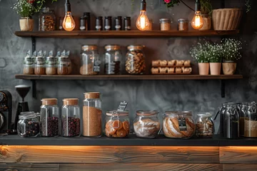 Foto op Plexiglas moderne plek met planken aan de muur met glazen potten met kruiden © Collorio