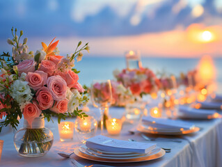 Decorated table reception at beach resort, Dinner, Wedding, Party, Honeymoon.
