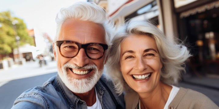 selfie of an elderly couple on the street smile Generative AI