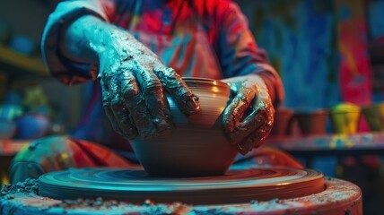 potter's hands are covered in clay as he shapes a vase on a pottery wheel in his workshop, indulging in pottery as a hobby
