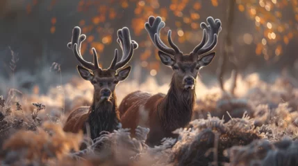 Zelfklevend Fotobehang Red Deer Bucks in Velvet in Captive Enviornment, generative ai © Neelam